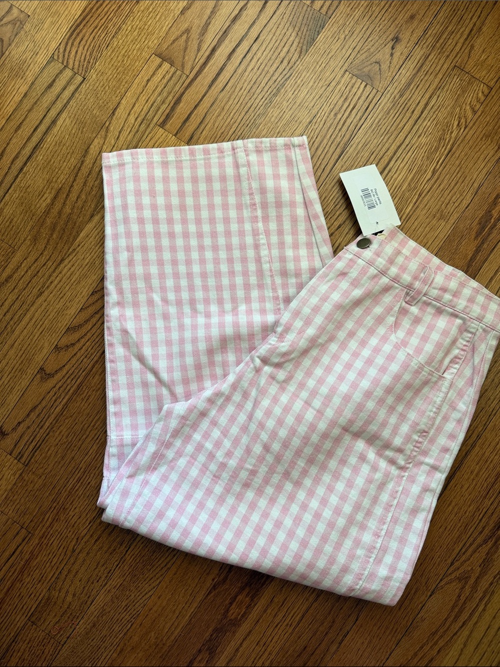 Peach Love California Pink & White Gingham barrel jeans